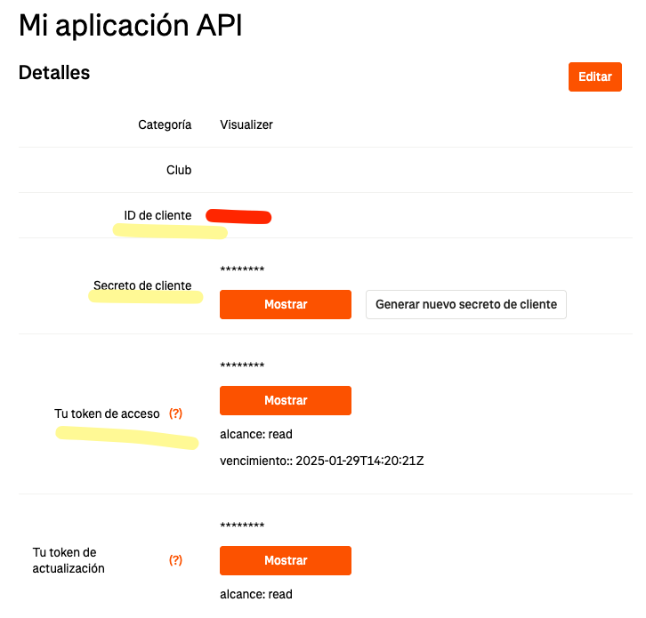 pantalla de la API de strava